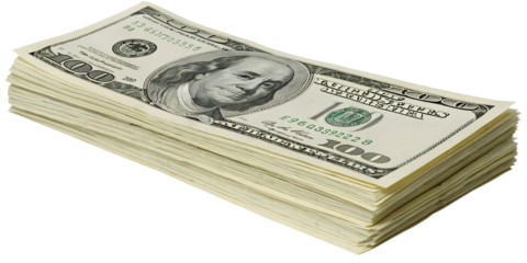 Bundle of fresh dollar bills stacked neatly, isolated on transparent background, crisp edges.