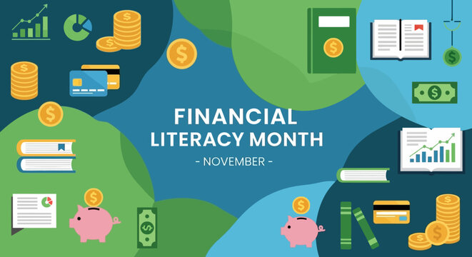 Financial Literacy Month November banner with money and finance icons. - Powered by Adobe