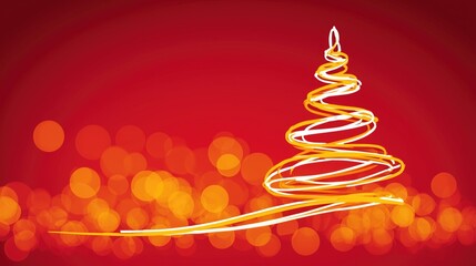Christmas Holiday Illustration with Abstract Light-Drawn Tree, Bokeh Lights on Red Background, Ideal for Wallpaper, Poster, Greeting Card and Festive Design Elements