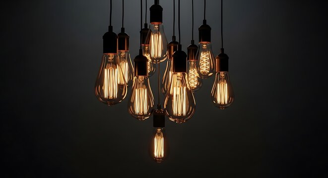 Bunch of glowing edison light bulbs hanging from ceiling background
