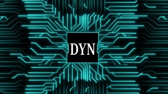 Futuristic circuit board design with the letters dyn in the center, representing dynamic systems, showcasing a modern technology concept with glowing blue lines and a dark background, digital illustra