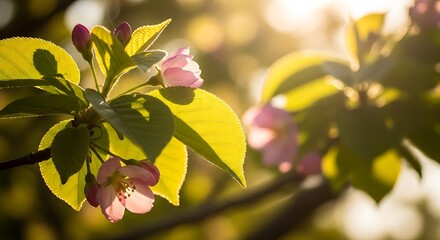 Close-up of delicate pink apple blossoms bathed in warm sunlight, showcasing vibrant green leaves and a soft bokeh background.