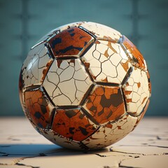 Distressed Soccer Ball on Cracked Surface. A Story of Resilience and Time. Aged Sport Equipment.