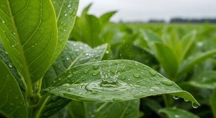 Close-up of lush green leaves glistening with fresh water droplets after a refreshing rain shower, highlighting the vibrant texture and natural beauty of the foliage in a serene outdoor setting.