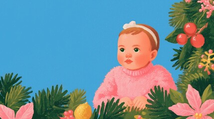 Christmas Illustration of Baby in Pink Sweater Surrounded by Festive Plants, Poinsettia, Pine Branches and Berries on Blue Background, Ideal for Greeting Card, Poster, and Holiday Design Elements