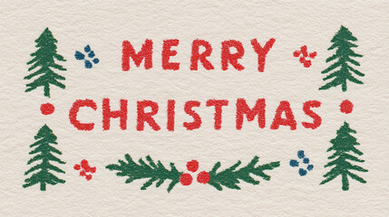 Christmas Greeting Design with "Merry Christmas" Text, Vintage Style Trees, Pine Branches and Berries, Ideal for Wallpaper, Poster, Card and Festive Decor Elements