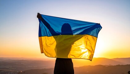 Person holds Ukraine's flag against sunset backdrop, back view, landscape view