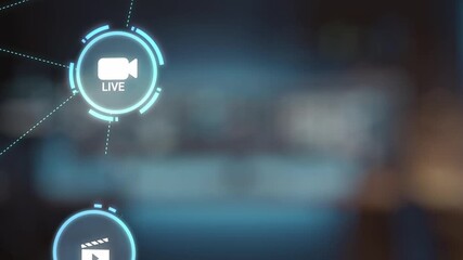 Multimedia technology with video, audio, photo and streaming icons representing digital media, communication and online platforms in a modern multimedia world. Gist - Powered by Adobe