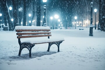 Snowy park bench at night with glowing lanterns and falling snow