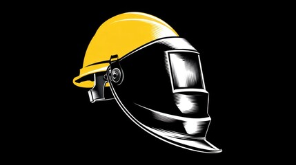 Fototapeta premium Yellow Welding Helmet Graphic on Black Background for Industrial Use