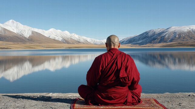Monk in red robe meditating beside tranquil mountain lake at sunrise, serene reflection and contemplative mood in pristine alpine landscape