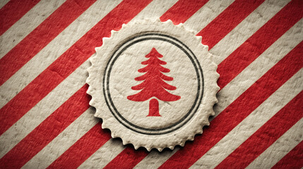 Christmas Vintage Tree Badge Illustration on Red Beige Striped Background, Ideal for Wallpaper, Poster, Greeting Card and Festive Design Elements