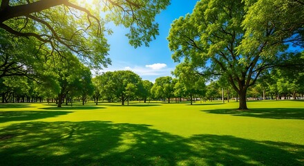 Fototapeta premium Lush Green Park with Sunlight and Shadows.
