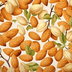 Seamless Pattern of Almonds with Leaves A Nutritious and Delicious Culinary Delight for Food Design