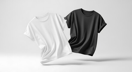 A white and black tshirt floating in the air against a plain white background