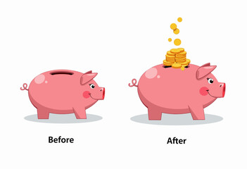 Illustration of a Piggy Bank Transformation Showing Savings Growth Before and After, with Coins Overflowing to Indicate Financial Success and Prosperity