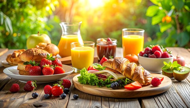 Outdoor breakfast setting featuring croissants, fruit, and juice on a rustic wooden table with bright sunlight