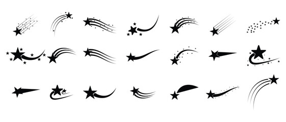 set of shooting star icon element on white background. flying star and sparkle star icon set, Shooting star icon.