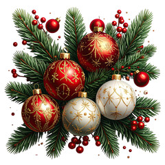 Elegant Christmas Ornaments and Festive Evergreen Branches Decoration.