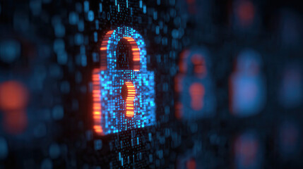 Digital lock symbol glowing with blue and orange futuristic data stream