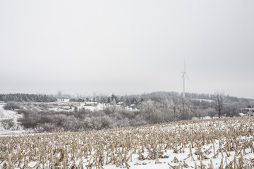 View of stark winter landscape with snow-covered fields, bare trees, and a distant wind turbine piercing the gray sky, creating a serene yet cold scene, Syracuse, New York, United States.