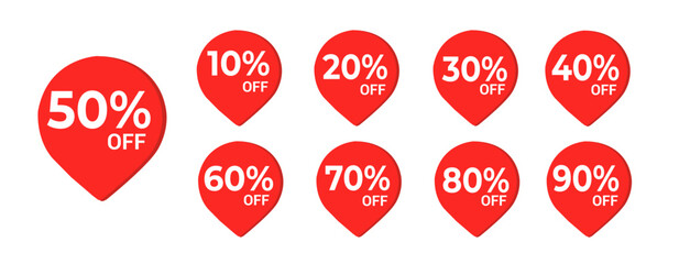 Red discount sale badges set with percentage labels 10% to 90% off tags