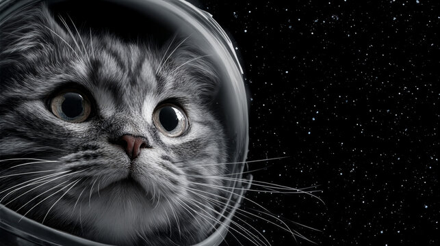 Cat wearing an astronaut helmet floats in space with a humorous expression