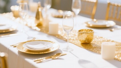 Table with a gold tablecloth and gold plates and silverware