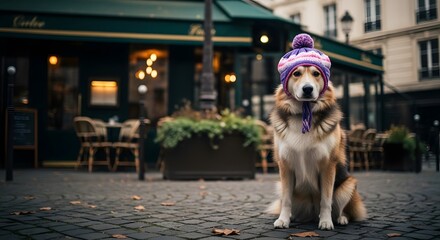 Dog wearing hat in parisian cafe scene creating heartwarming street photography