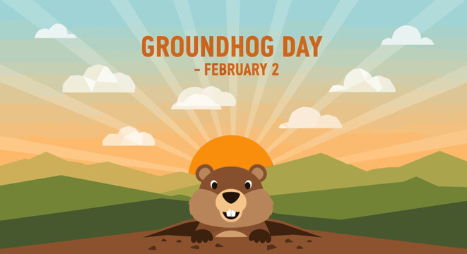 Cute Cartoon Groundhog Celebrating February 2nd Holiday.