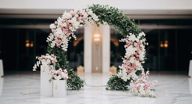 Elegant floral archway adorning a wedding venue for unforgettable celebration event