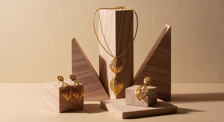 Elegant jewelry presentation featuring a golden necklace and earring set on geometric wood forms