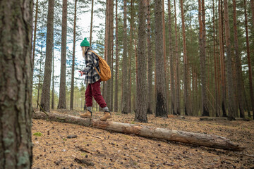 Obraz premium Female relaxing and hiking alone in wild woodlands, exploring nature on weekend outdoors. Woman on daily walk outside in fall forest, walking and balancing on fallen pine tree in middle of woods.