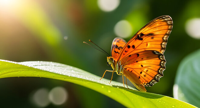 Orange butterfly resting on a green leaf in a natural setting with blurred background and sunlight