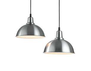 Two metallic pendant lights, illuminated