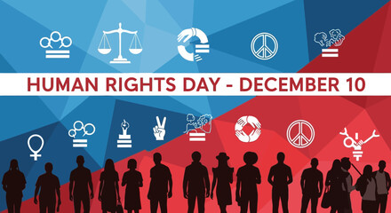 Human Rights Day December 10 Celebration with Symbols and People Silhouettes.