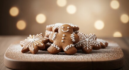 Charming decorated gingerbread cookies with festive bokeh lights