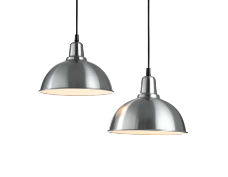 Two metallic pendant lights, illuminated