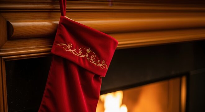 Festive red stocking warming by the glowing fireplace hearth