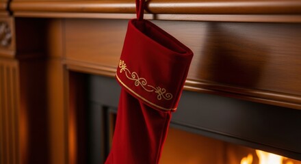 Festive red stocking awaiting gifts by a cozy fireplace