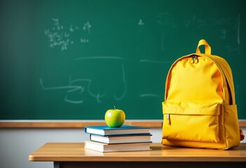 bright yellow backpack standing on a school desk on the right, a stack of books with a green apple on top placed next to it, left side of the desk left empty for text placement