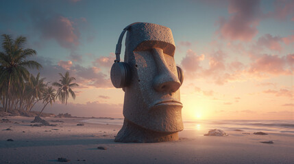 Statue wearing wireless headphones on a tropical beach during sunset with palm trees in the background