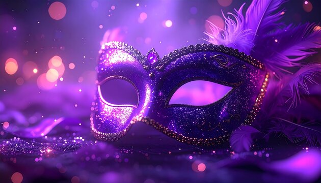 Purple mask with glittering details and feathers on a dark, textured surface with bokeh lights