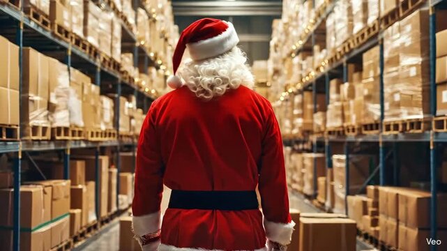 Santa Claus in a warehouse surrounded by stacked boxes, contemplating the holiday season, camera gradually zooms in on the festive figure