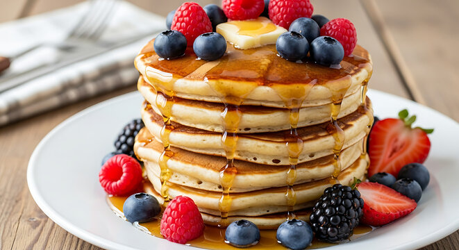 Stack of pancakes with maple syrup and berries on a white plate sitting on a wooden table top view - Powered by Adobe