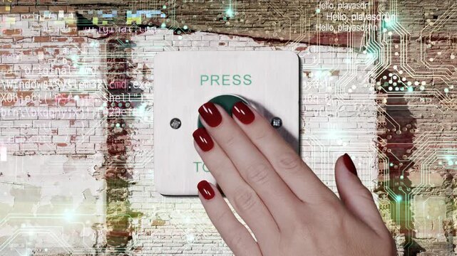 wall and hand pressing large exit button