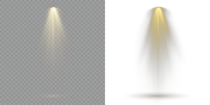 Reflections add depth to spotlight scenes on floor. Bright spotlights shine down, forming focused light circles. Stage spotlights emit strong white directional light beams. Row of spotlights. Scene.