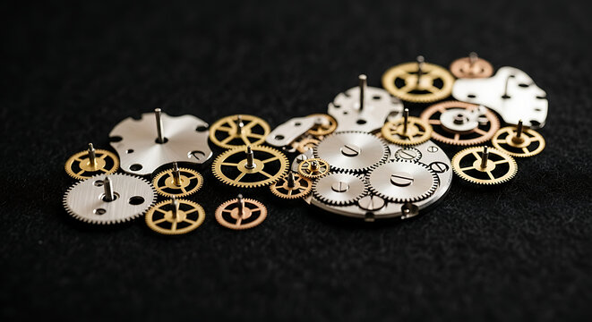 A collection of watch gears and components scattered on a dark surface creating a detailed pattern