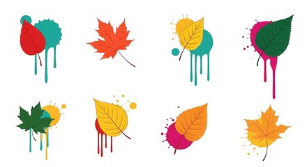 Obraz premium Colorful Autumn Leaves with Abstract Paint Drippings, Artistic Fall Foliage Illustrations for Creative Design Projects