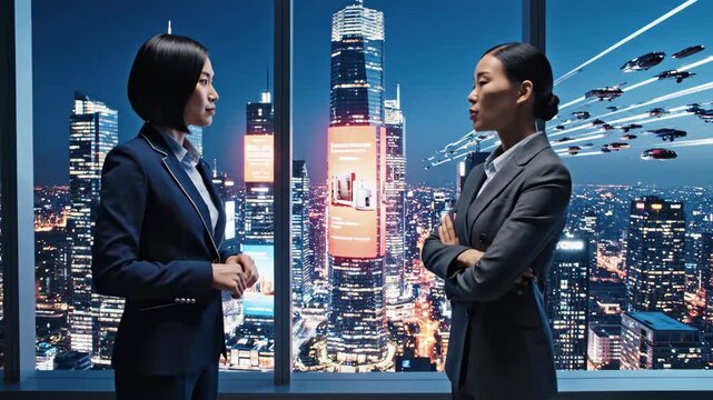 AI Businesswomen Meeting, Futuristic Cityscape, Technology, Innovation